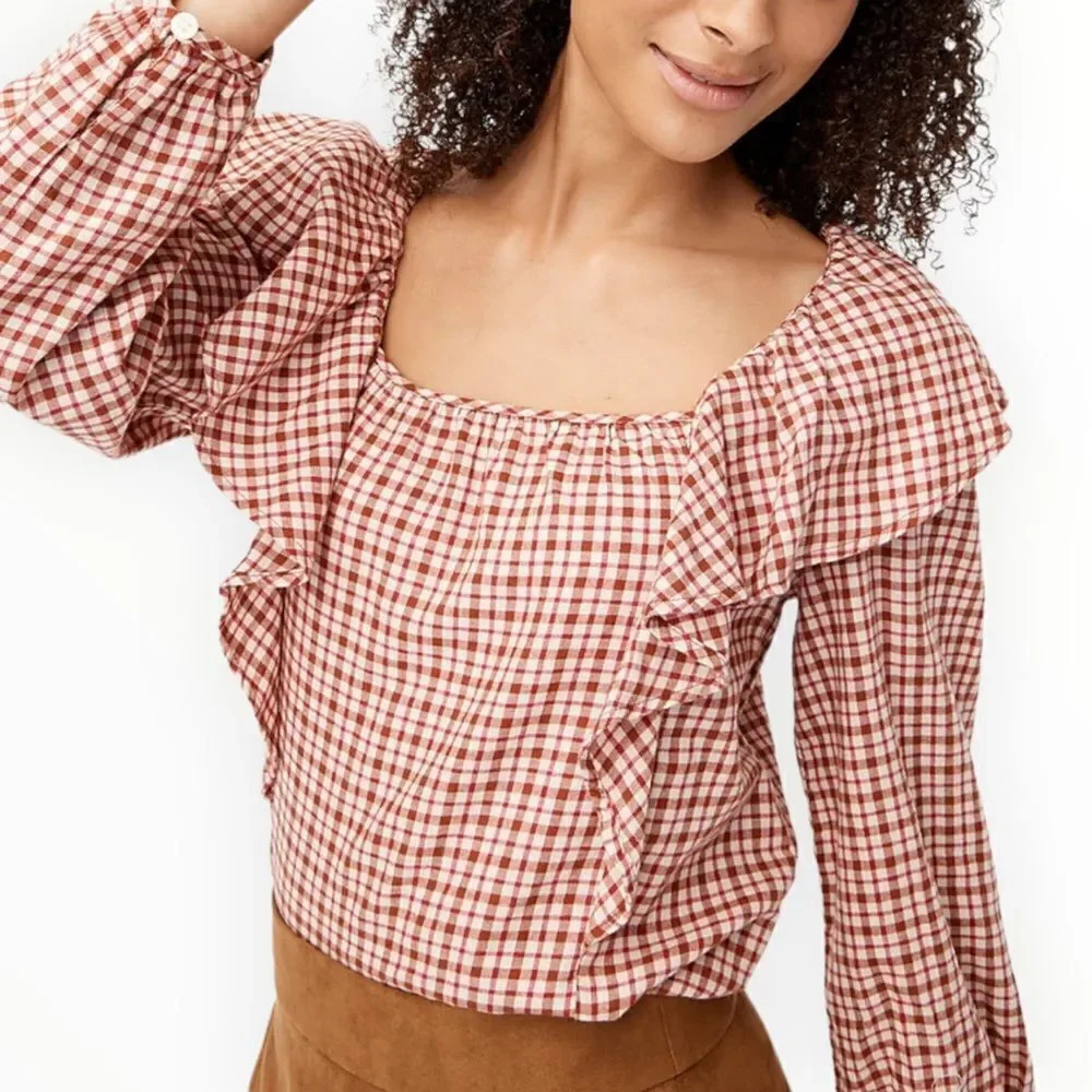 J CREW FACTORY | Dusty Ivory Brick Red | FLANNEL SQUARENECK RUFFLE TOP - Picture 3 of 11